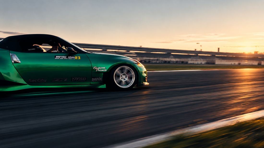 Green drift car at speed along a track at golden hour