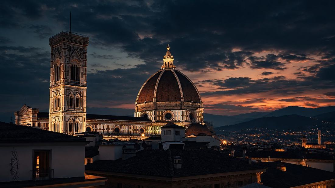 Florence Cathedral dome and bell tower lit at dusk