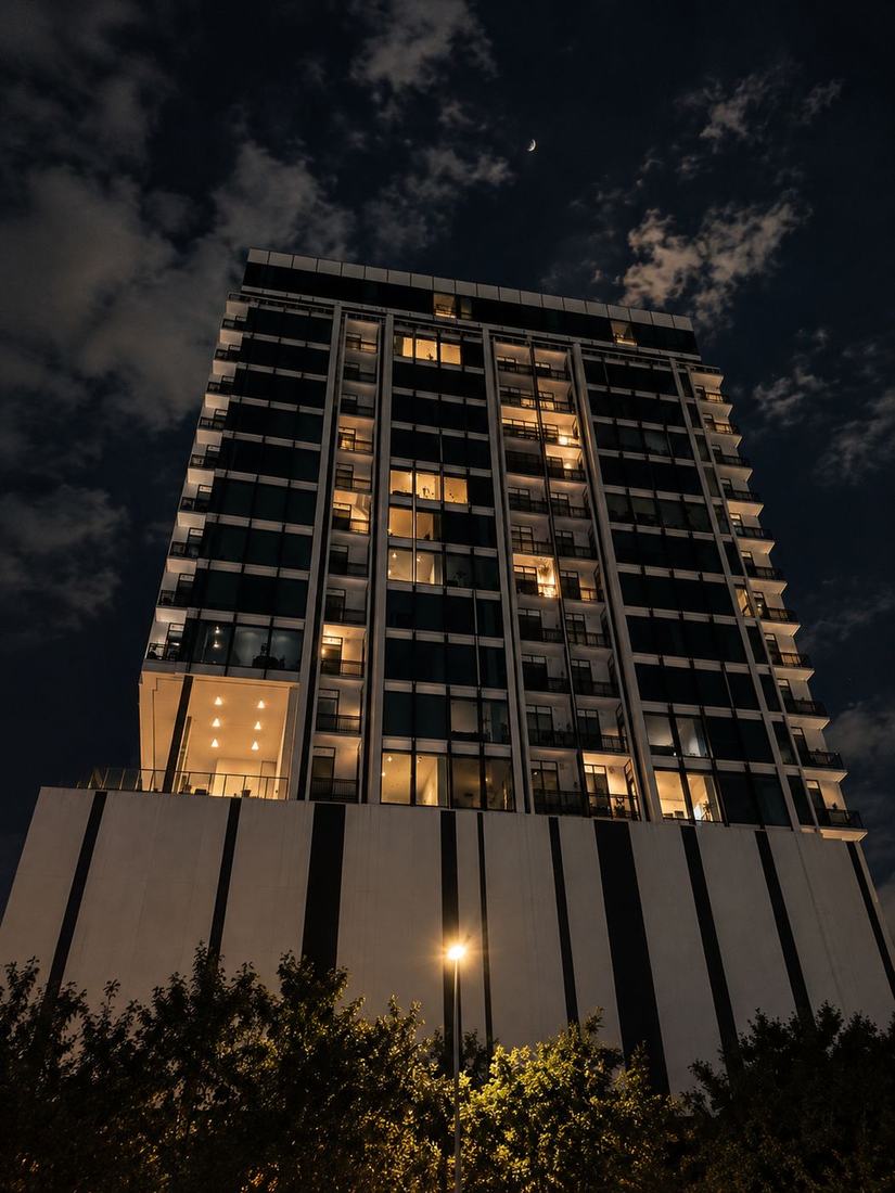 Residential tower lit at night under a crescent moon