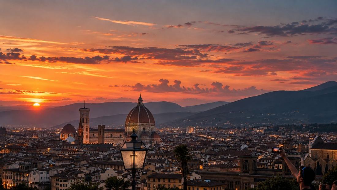 Florence skyline and cathedral dome at sunset