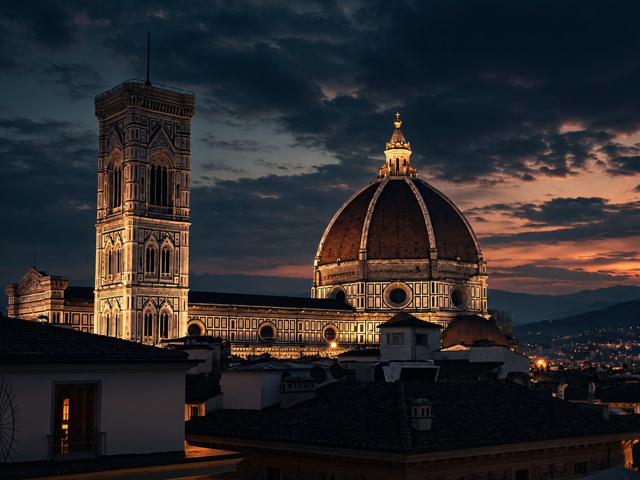 Florence Cathedral dome and bell tower lit at dusk above the rooftops