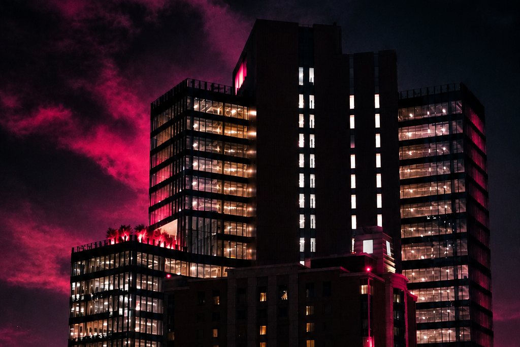 Office towers lit at night against a deep red sky