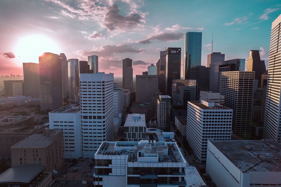 Downtown Houston towers at sunset from above